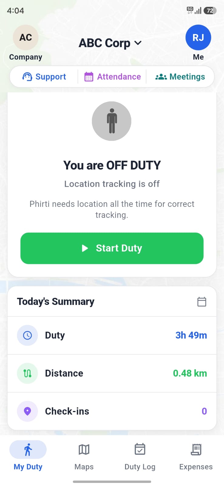 Phirti mobile start duty screen