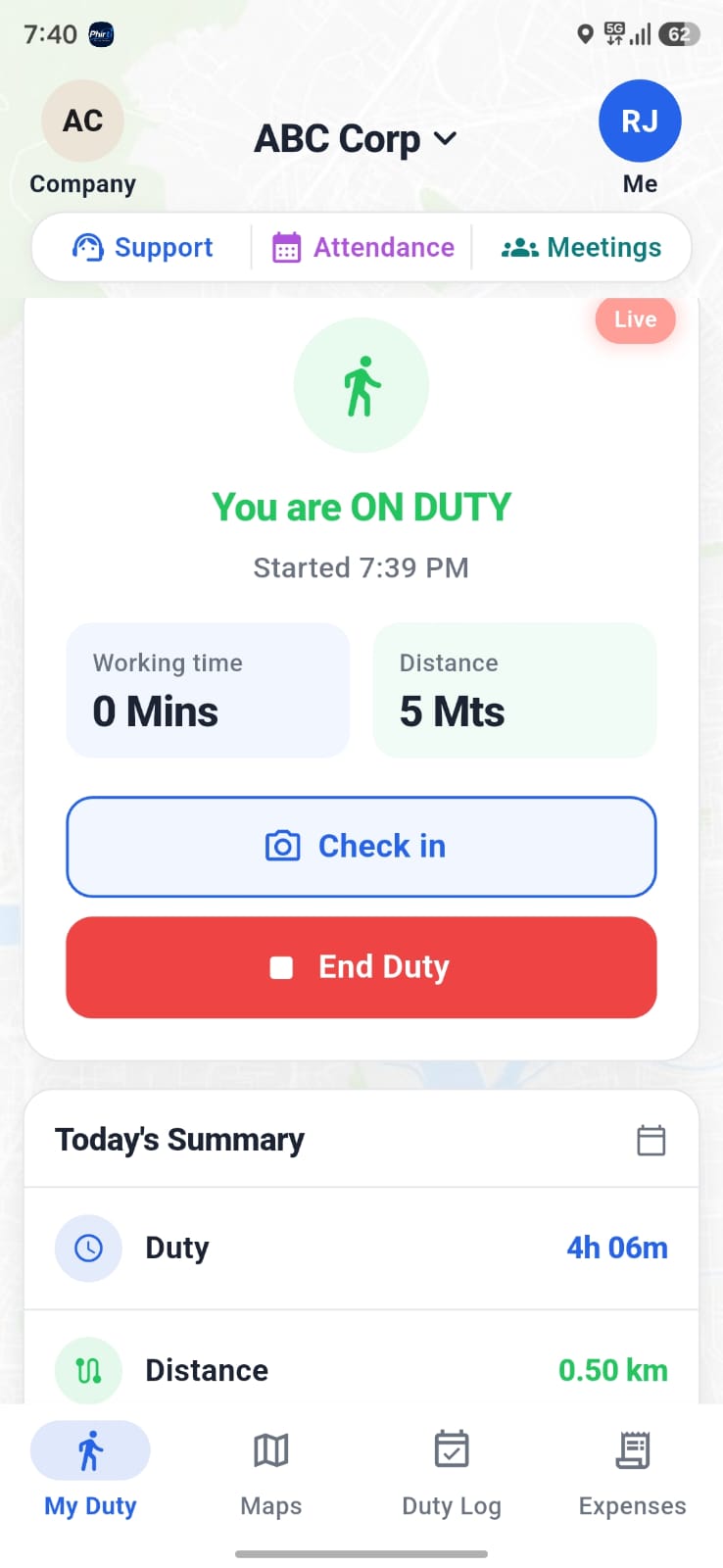 On duty card with timer
