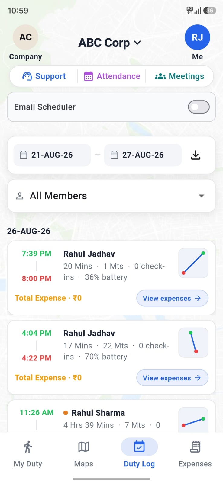 Duty log with check-ins