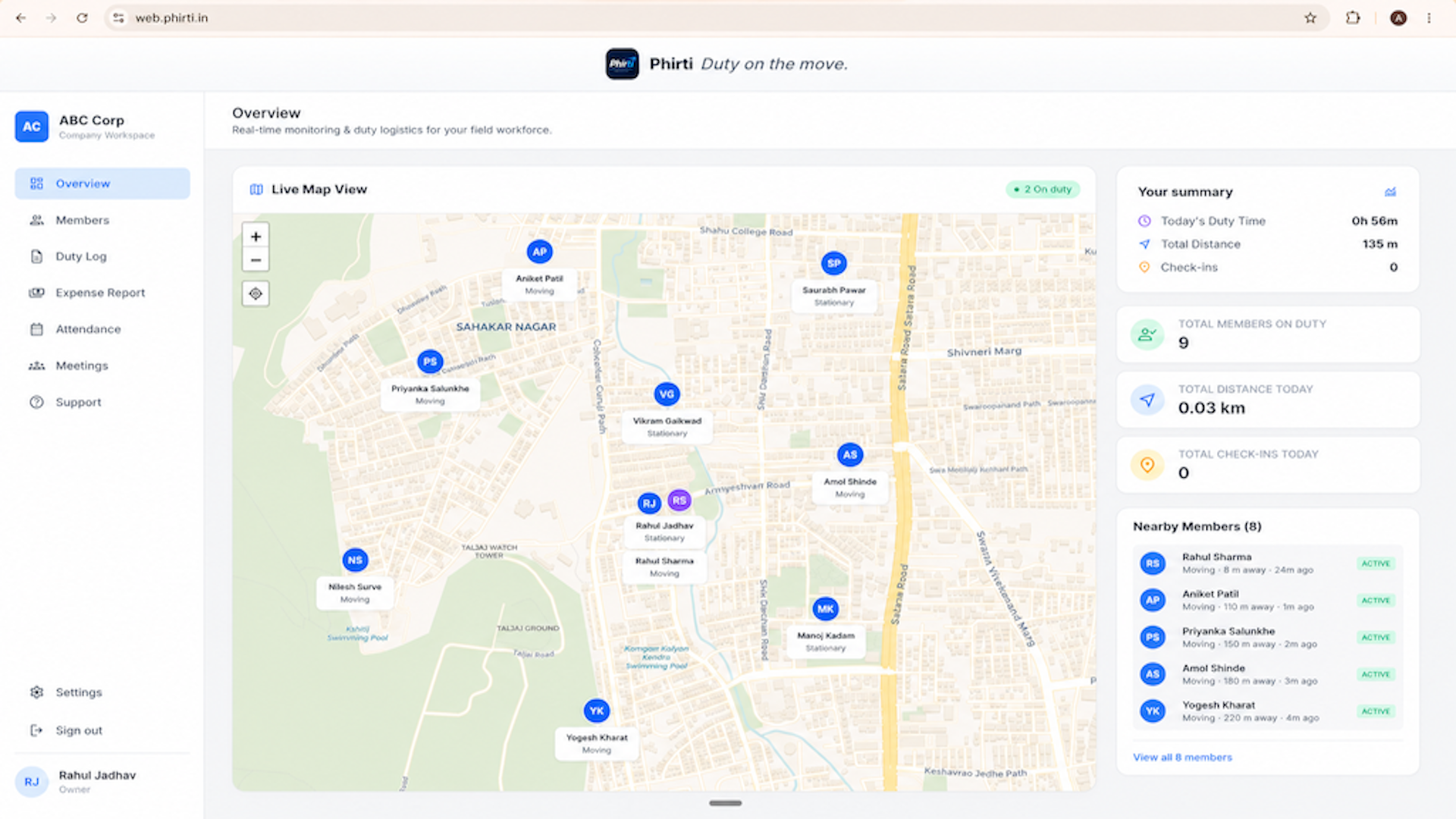 Phirti web overview with live map